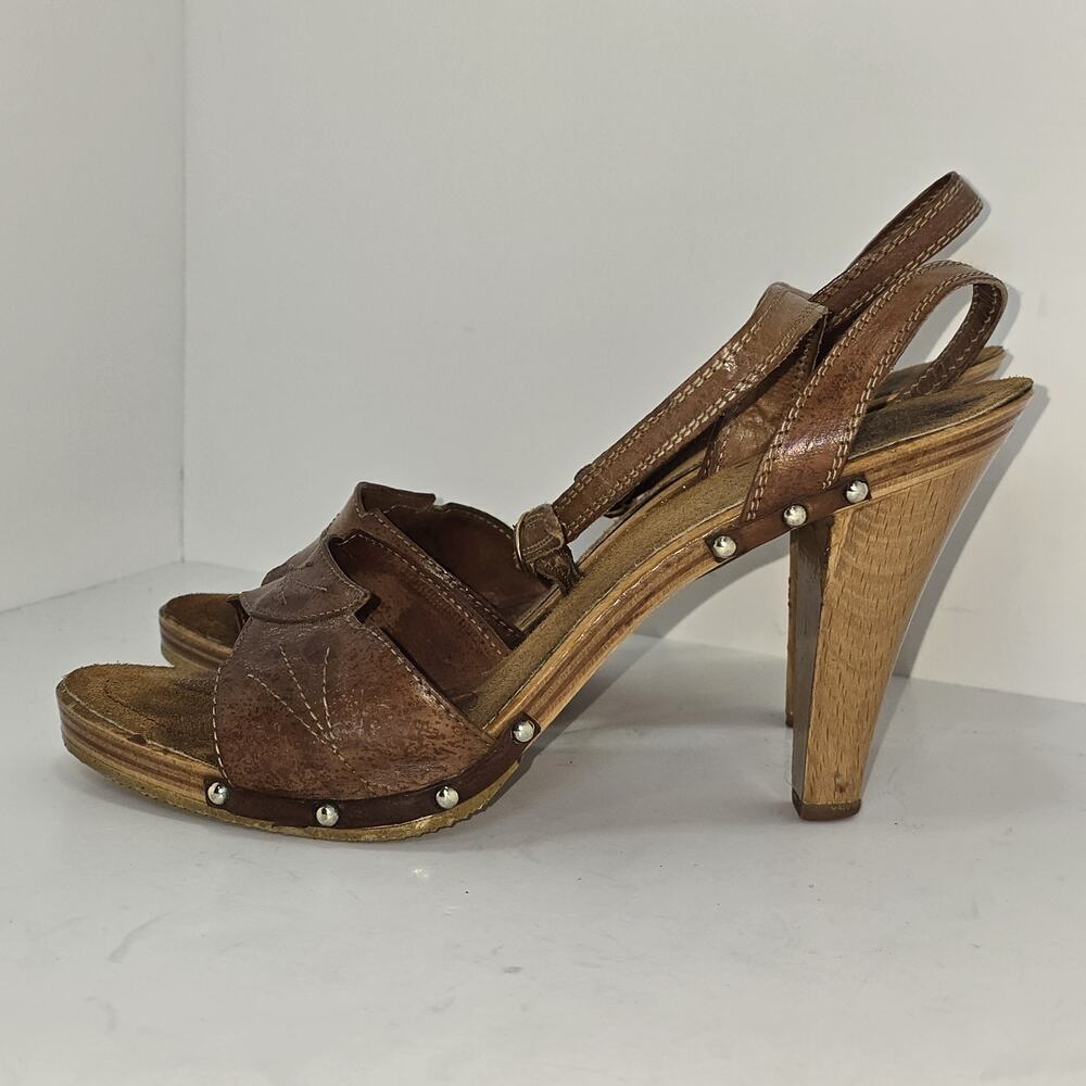 Vintage Italian Leather Wooden Heel Slingback Clog Sandals Studded Brown Size 7